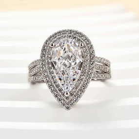 Shiny Lines Louily Luxury Double Halo Pear Cut Engagement Ring In Sterling Silver