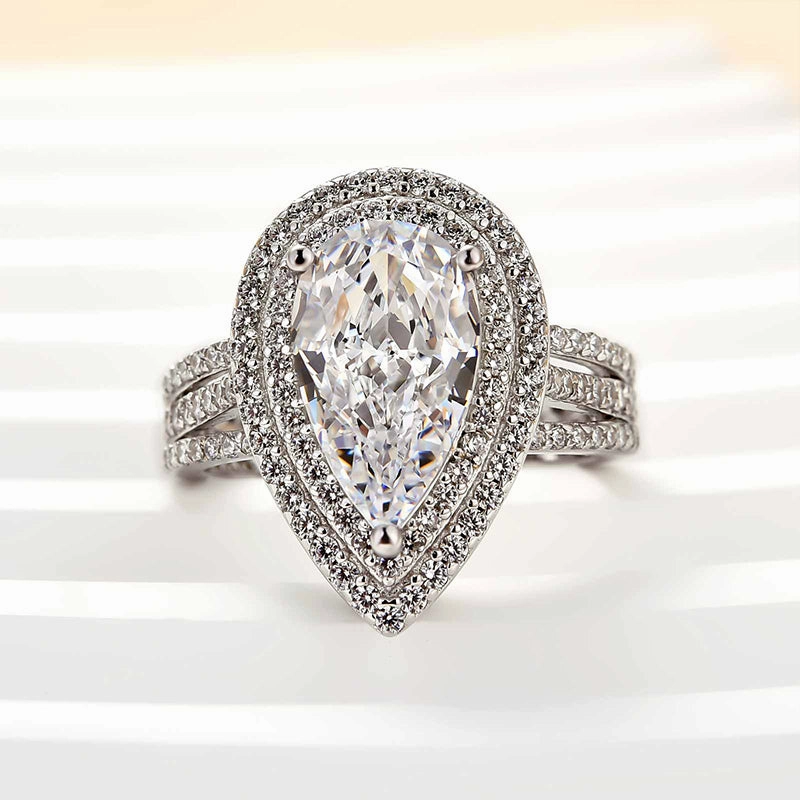 Shiny Lines Louily Luxury Double Halo Pear Cut Engagement Ring In Sterling Silver