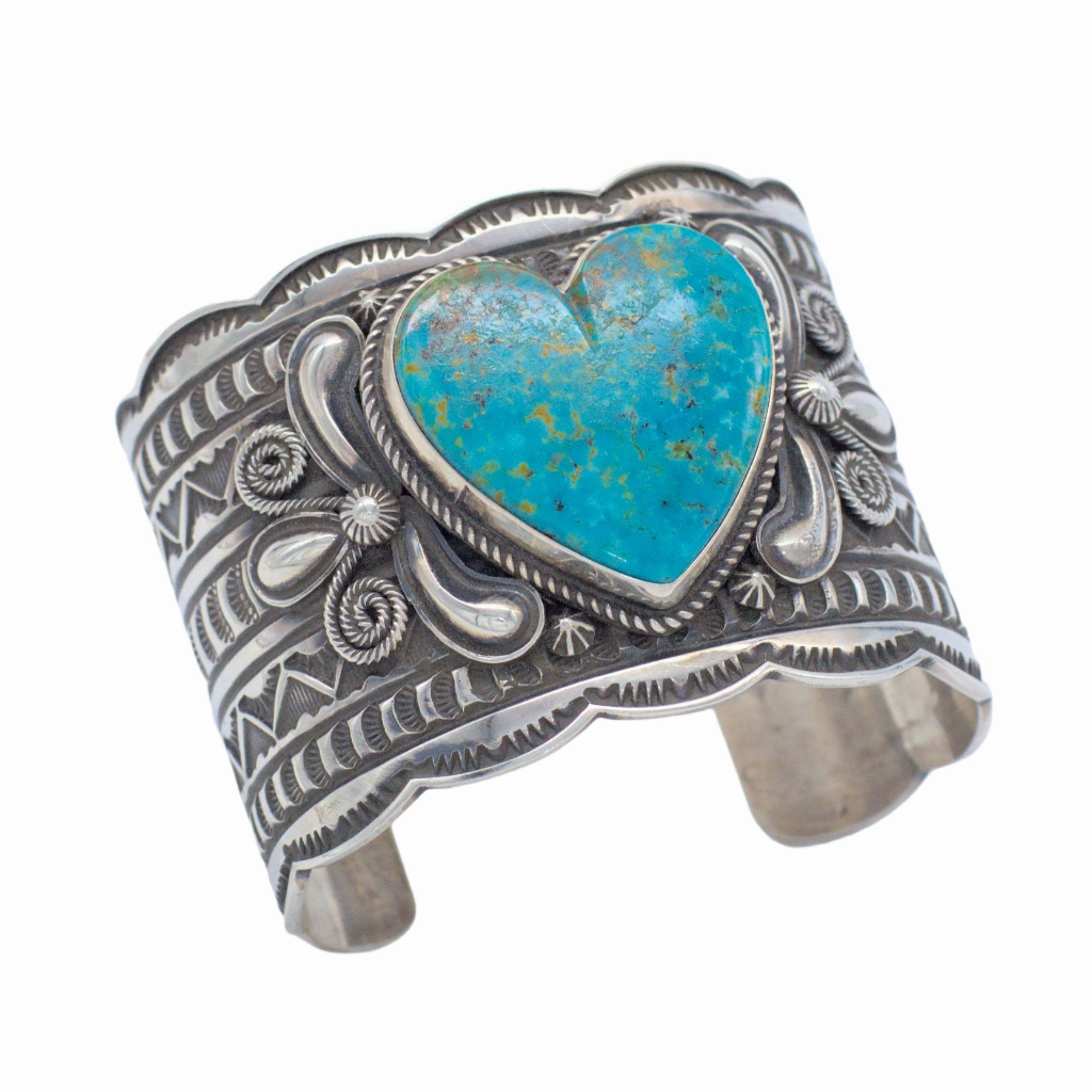 Andy Cadman Handmade Navajo Sterling Silver Turquoise Bracelet Bright Accent Textured Detail