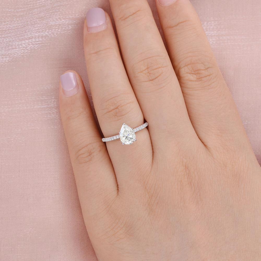 Ethereal Mood 1.5ct Pear Shaped Moissanite Pave Classic Solitaire Ring