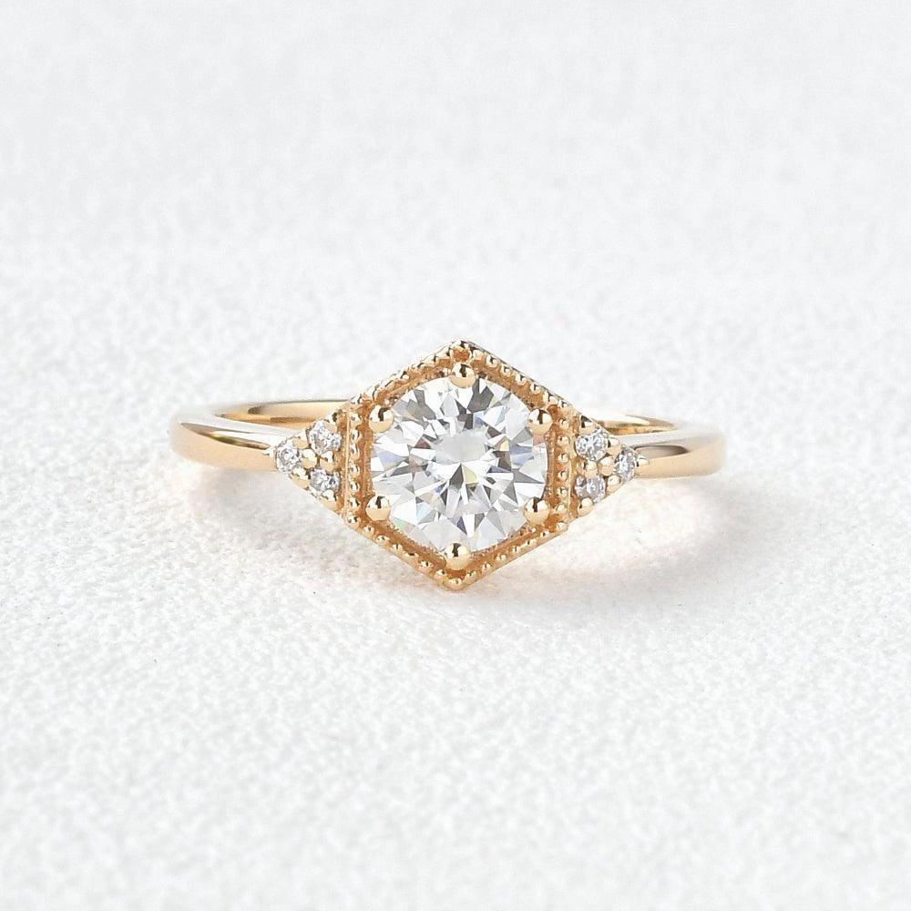 Geometric Moissanite Yellow Gold Ring Handcrafted Feature