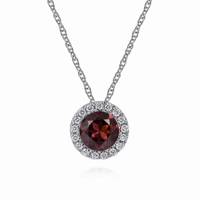 14K White Gold Garnet and Diamond Halo Pendant Necklace Graceful Look Ocean Look