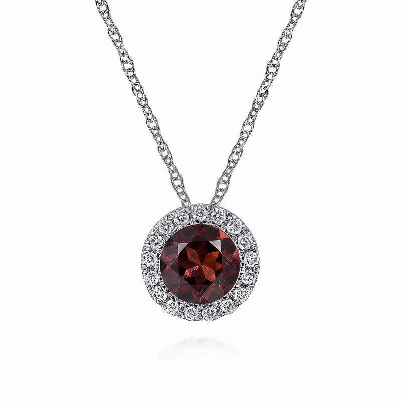 14K White Gold Garnet and Diamond Halo Pendant Necklace Graceful Look Ocean Look