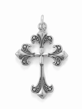 Fleur-De-Lis Cross Pendant with Fancy Bead Design Antiqued Sterling Silver Finest Touch Radiant Gems