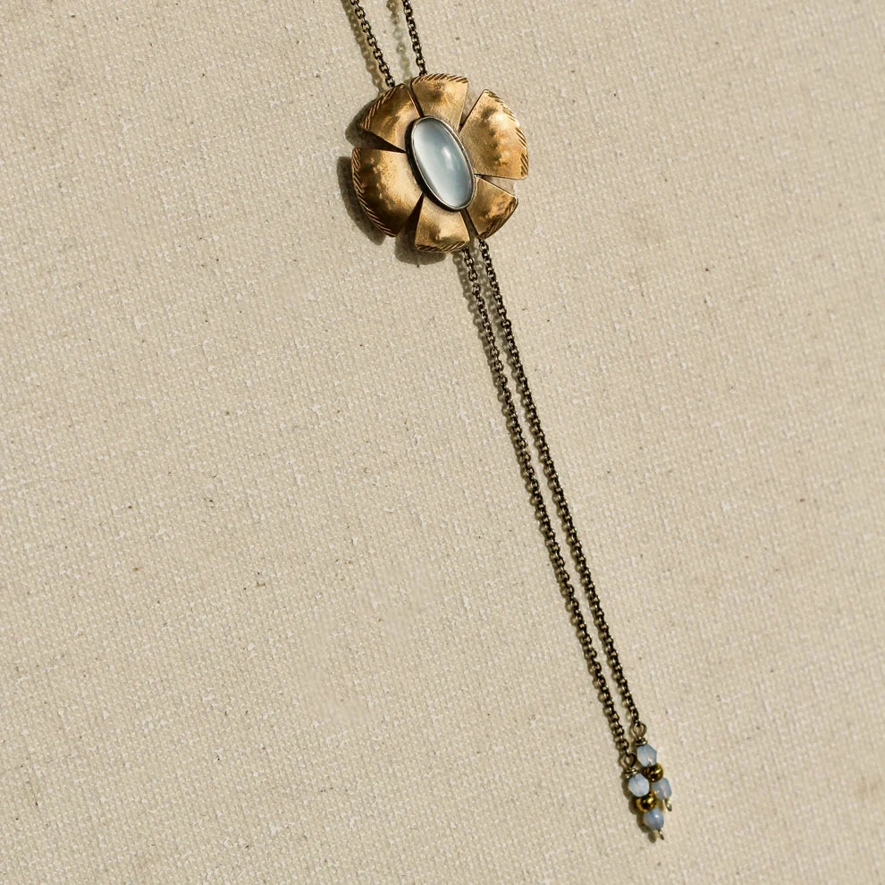 Artisan Craft Premium Adornment Flora Bolo Necklace - Oxidized Brass, Sterling Silver   Blue Moonstone Glass  w/Oxidized Sterling Silver 32" Chain