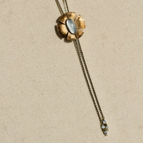 Artisan Craft Premium Adornment Flora Bolo Necklace - Oxidized Brass, Sterling Silver   Blue Moonstone Glass  w/Oxidized Sterling Silver 32" Chain