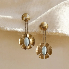 Flora Earrings - Oxidized Brass, Sterling Silver   Blue Moonstone Glass daily accessory