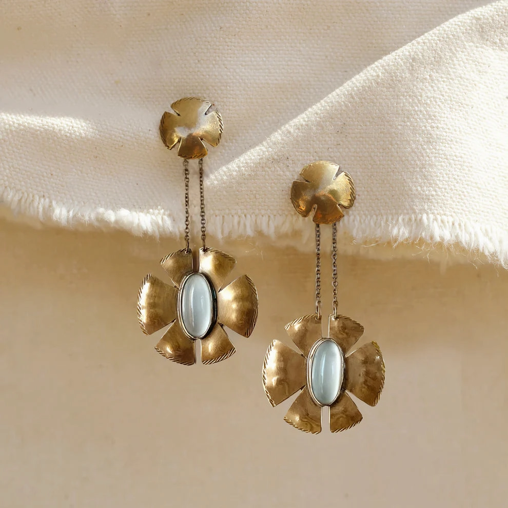 Flora Earrings - Oxidized Brass, Sterling Silver   Blue Moonstone Glass daily accessory