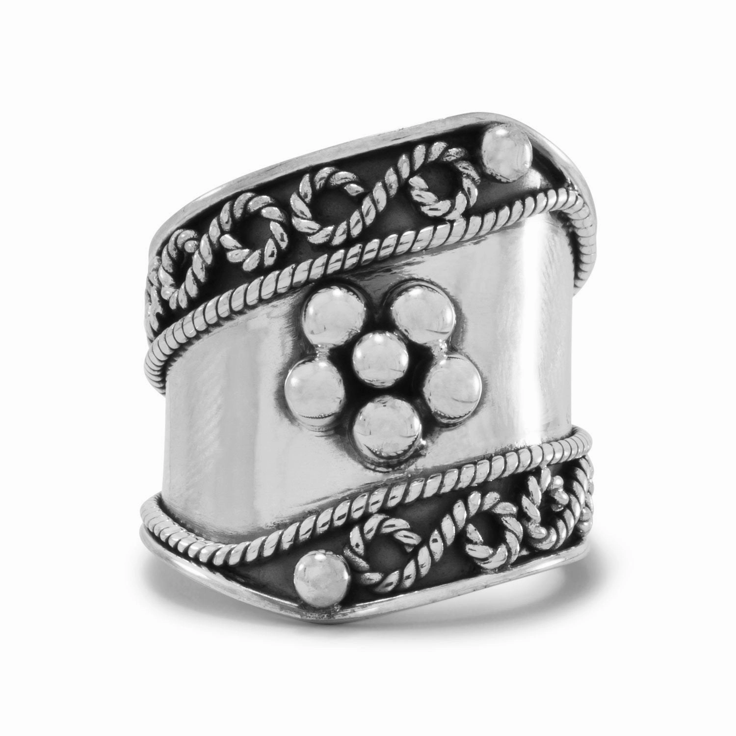 Flower Bead and Rope Design Wide Band Ring Sterling Silver Lightweight Object
