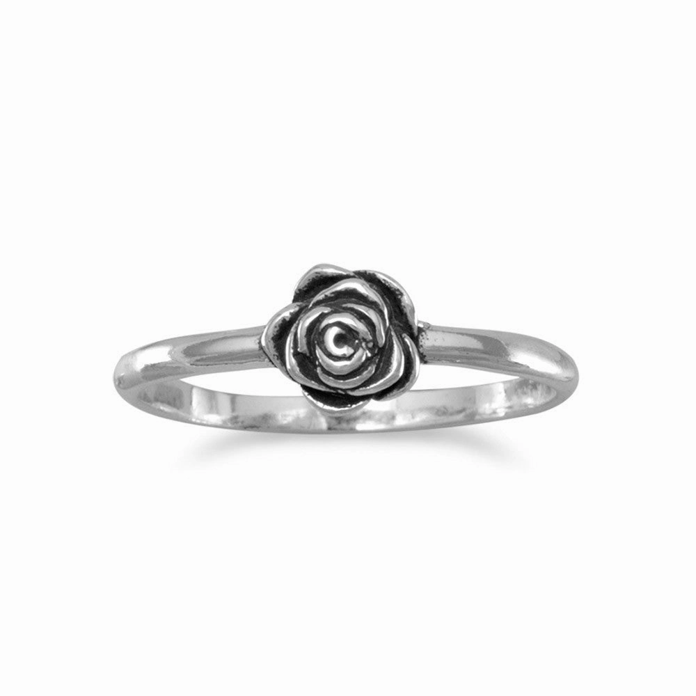 Glamorous Ornament Premium Present Flower Rose Ring Pinkie Ring Small Antiqued Sterling Silver