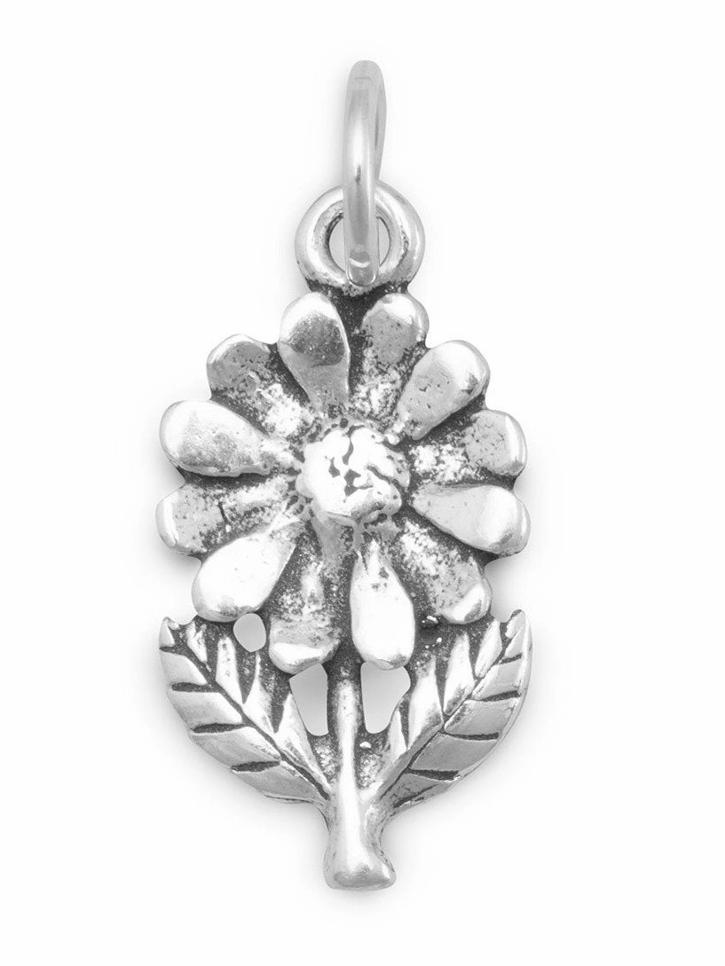 Chic Spark Flower with Stem and Leaves Charm Sterling Silver - Made in the USA