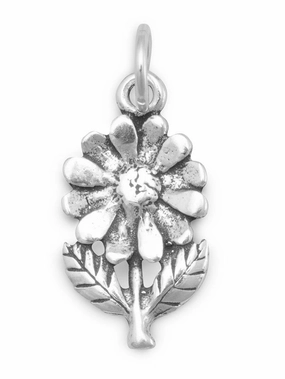 Chic Spark Flower with Stem and Leaves Charm Sterling Silver - Made in the USA