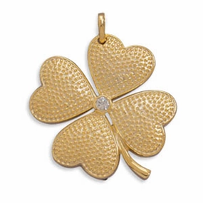 Elegant Craft Four Leaf Clover Shamrock Hearts Pendant CZ Center Gold-plated Sterling Silver, Pendant Only