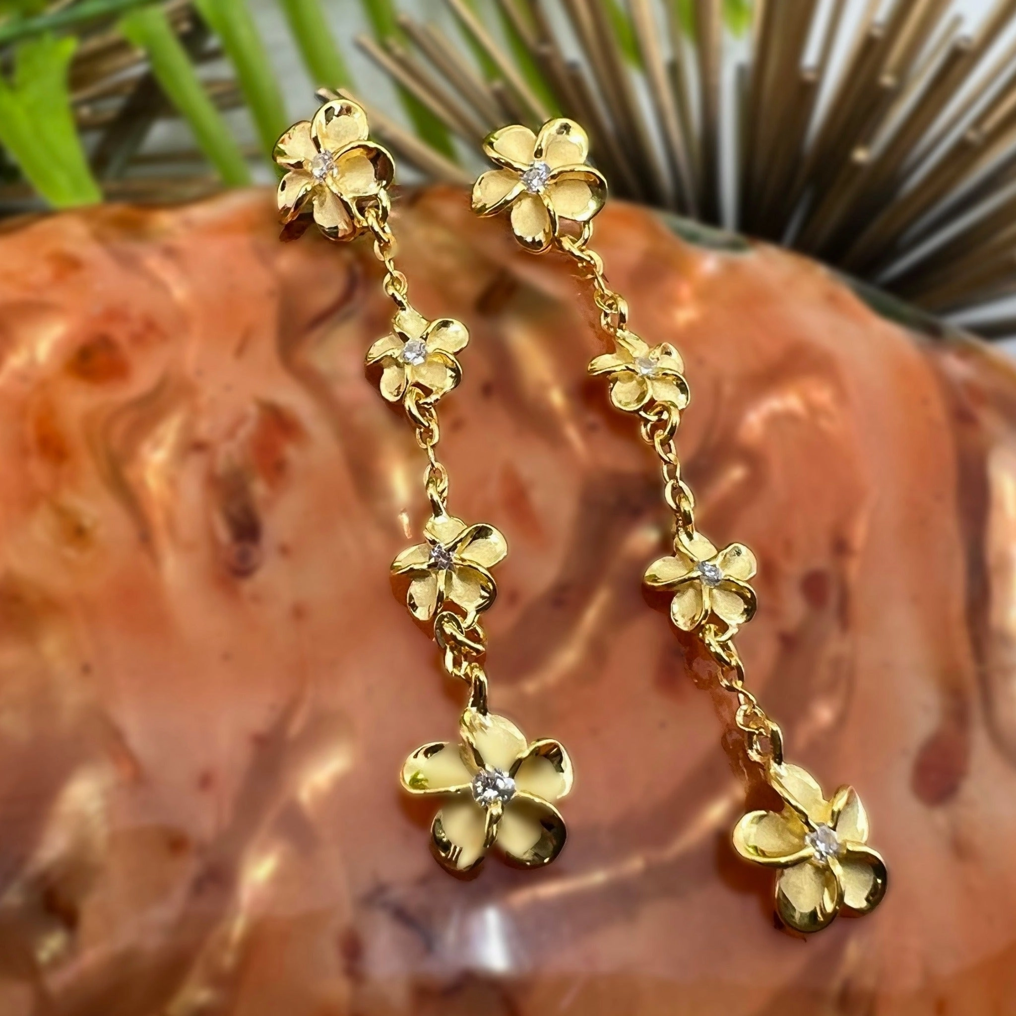 Four Plumeria CZ Waterfall Dangle Earrings Glittering Creation