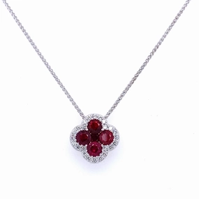 Mother??s Gift Affordable Accessory Bremer Jewelry 18K White Gold Rubies and Diamonds Cluster Necklace (1.51ctw)