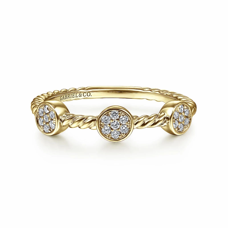 Custom pieces Sunlight Shine 14K Yellow Gold Twisted Rope Cluster Diamond Station Stackable Ring