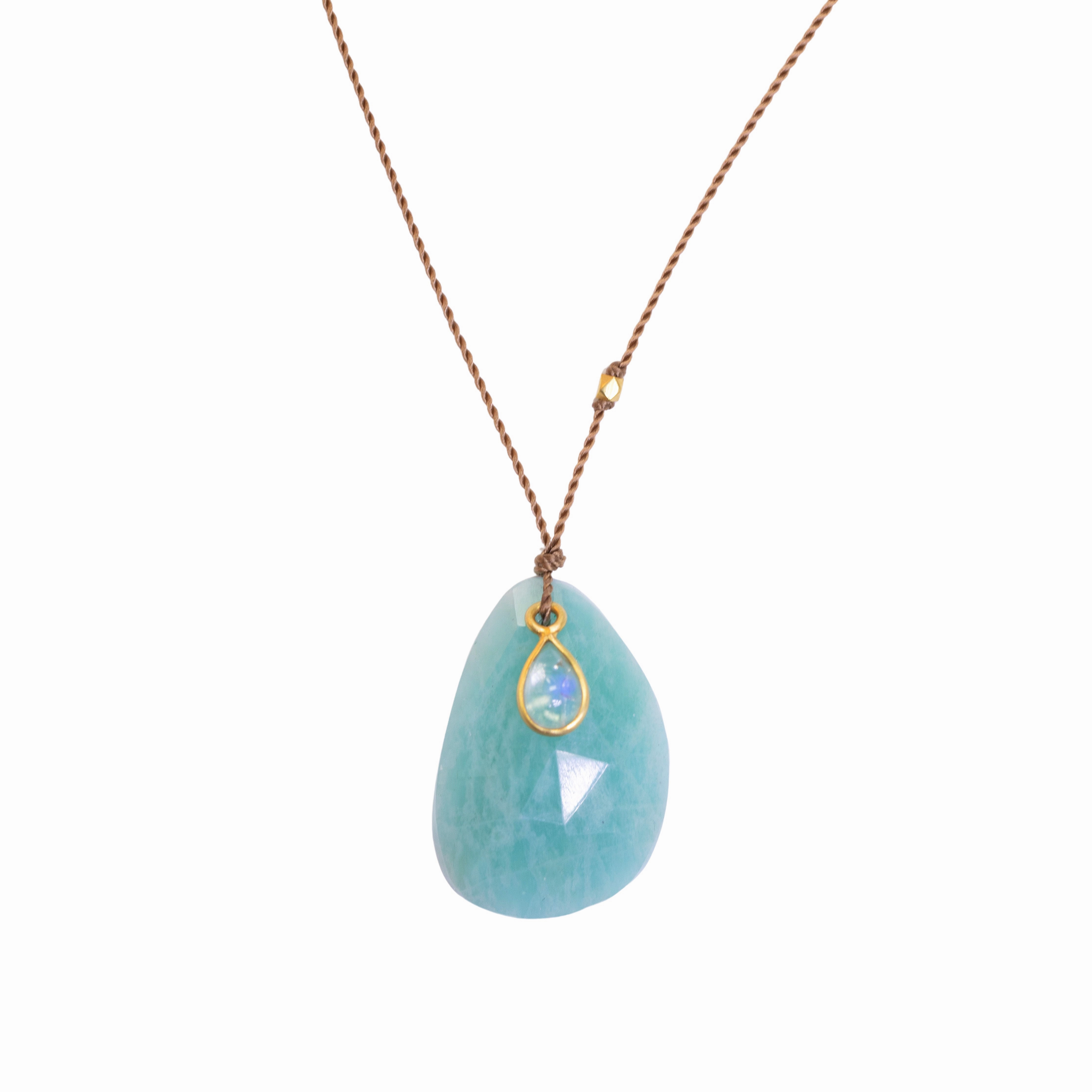 High-End Piece Dramatic Style Amazonite   Rainbow Moonstone Drop  Drop Necklace - 18k Gold