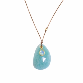 High-End Piece Dramatic Style Amazonite   Rainbow Moonstone Drop  Drop Necklace - 18k Gold