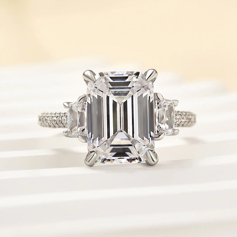 Louily Stunning Emerald Cut Three Stone Engagement Ring In Sterling Silver Bold Form Mixed Metals