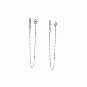 Statement Feature Bold Finish Front Back Chain Bar Drop Earrings Rhodium on Sterling Silver