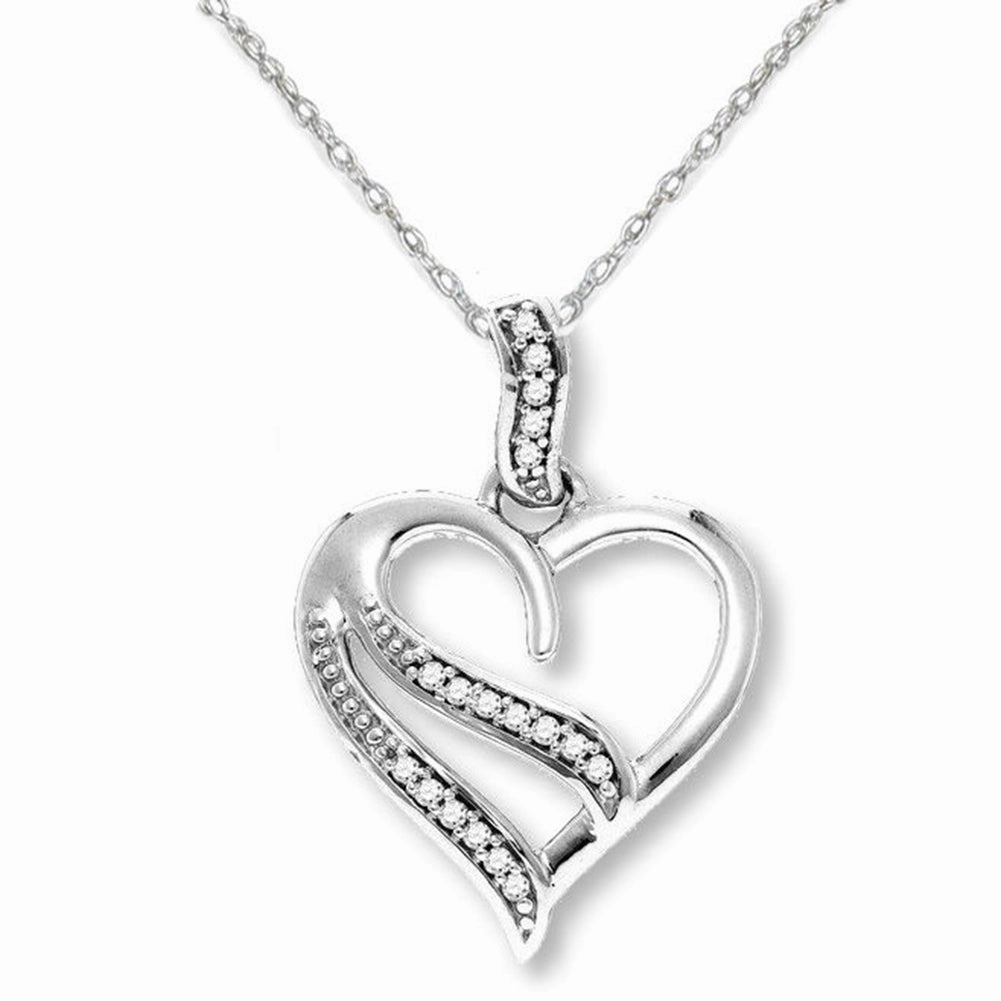 Genuine Diamond Heart Necklace Rhodium on Sterling Silver with Chain Party Favorite Modern Pair