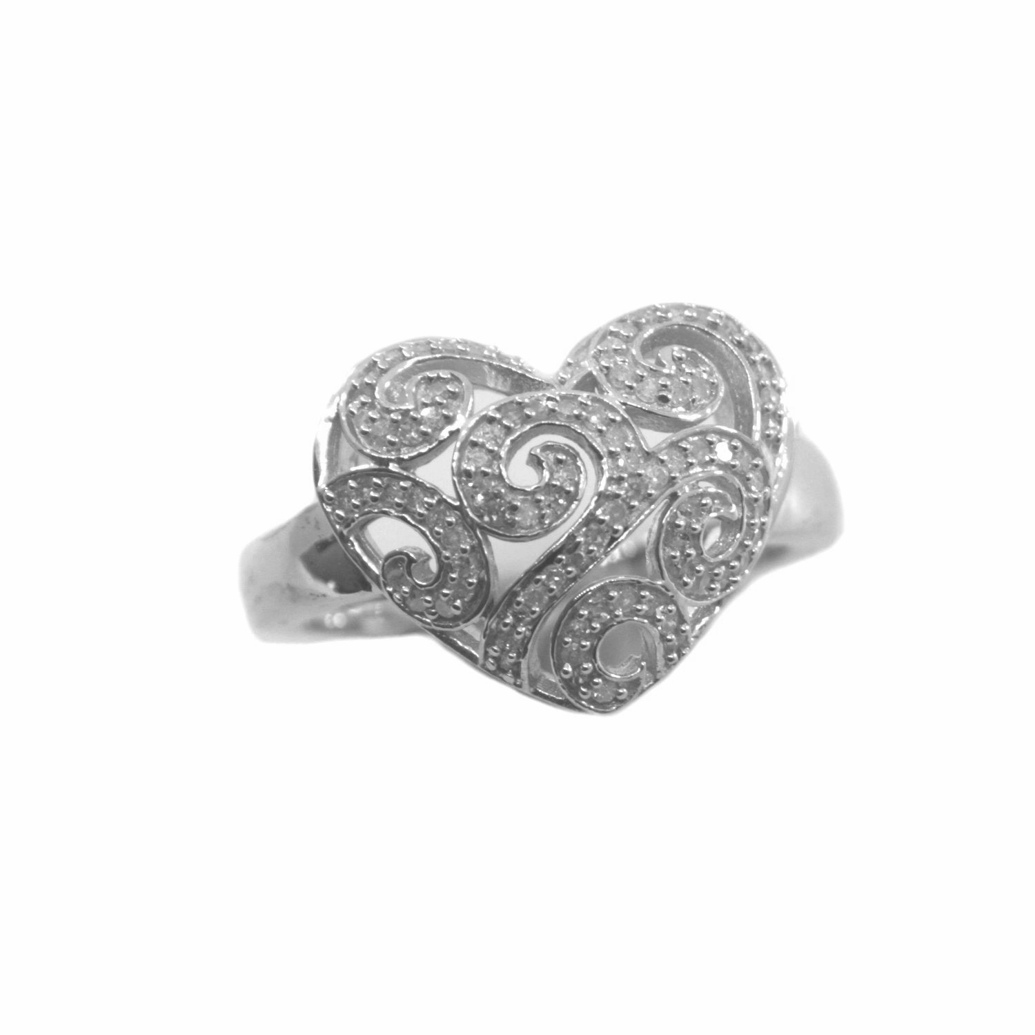 Genuine Diamond Heart Ring with Scroll Design Rhodium on Sterling Silver High-Quality Design Modern Fashion