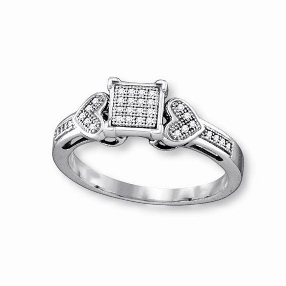 Elegant Article Genuine Diamond Ring Rhodium on Sterling Silver Pave Square and Heart  Design