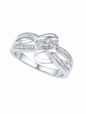 Polished Edge Simple Craft Genuine Diamond Ring Rhodium on Sterling Silver Ribbon Design Split Band