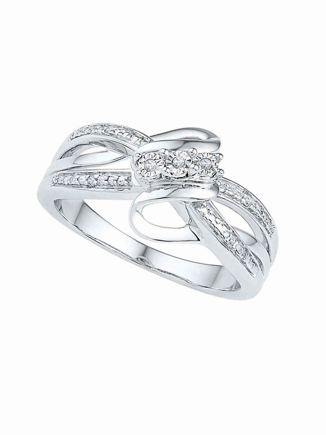 Polished Edge Simple Craft Genuine Diamond Ring Rhodium on Sterling Silver Ribbon Design Split Band