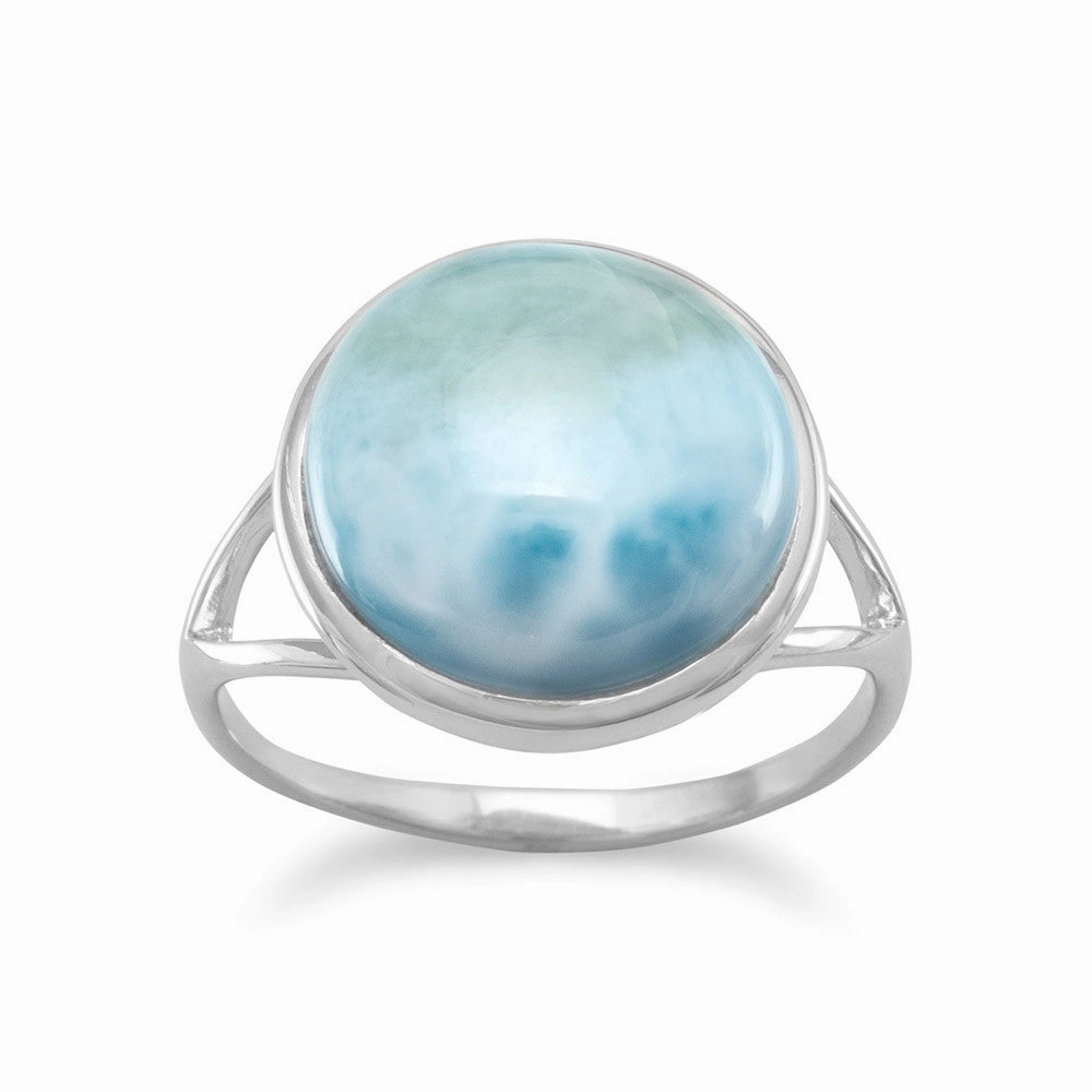 Genuine Larimar Ring Round Split Band Rhodium on Sterling Silver - Nontarnish Classic Choice Sparkling Product