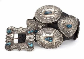 Shiny Design Geraldine Yazzie Navajo Handmade Natural Bizbee Turquoise Sterling Silver Concho Belt