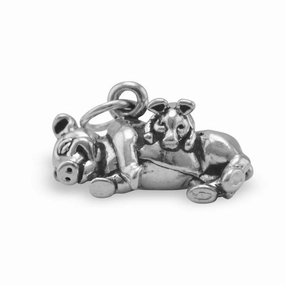 Pig Charm with Piglet Sterling Silver Antiqued Finish Shiny Treasures