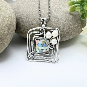 Square Roman Glass and Pearl Necklace Petite Accent Soft Materials