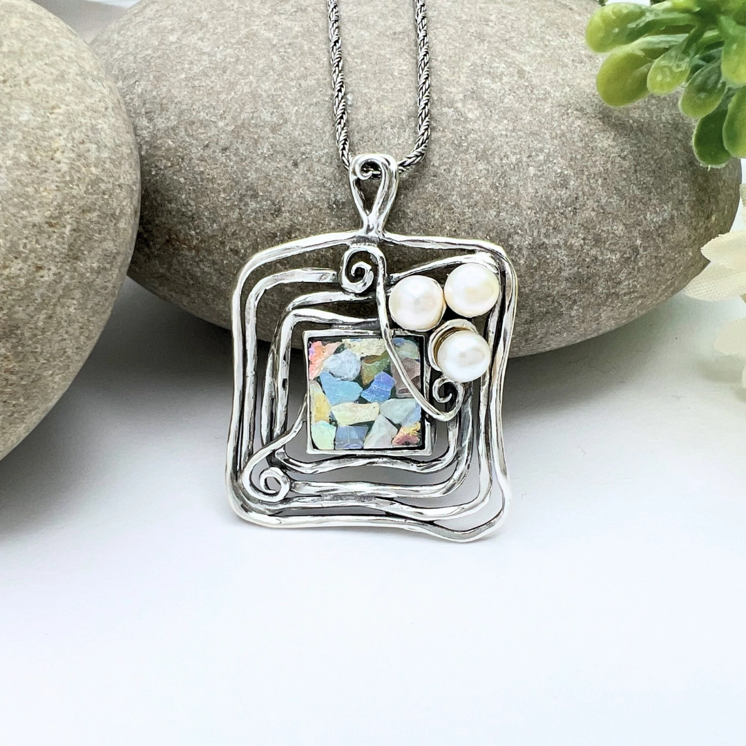 Square Roman Glass and Pearl Necklace Petite Accent Soft Materials