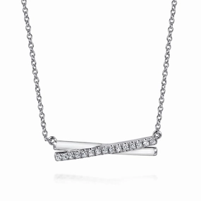 Flat Detail Light Spark 925 Sterling Silver White Sapphire and White Enamel Criss Cross Bar Necklace