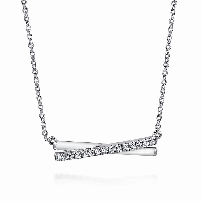 Flat Detail Light Spark 925 Sterling Silver White Sapphire and White Enamel Criss Cross Bar Necklace