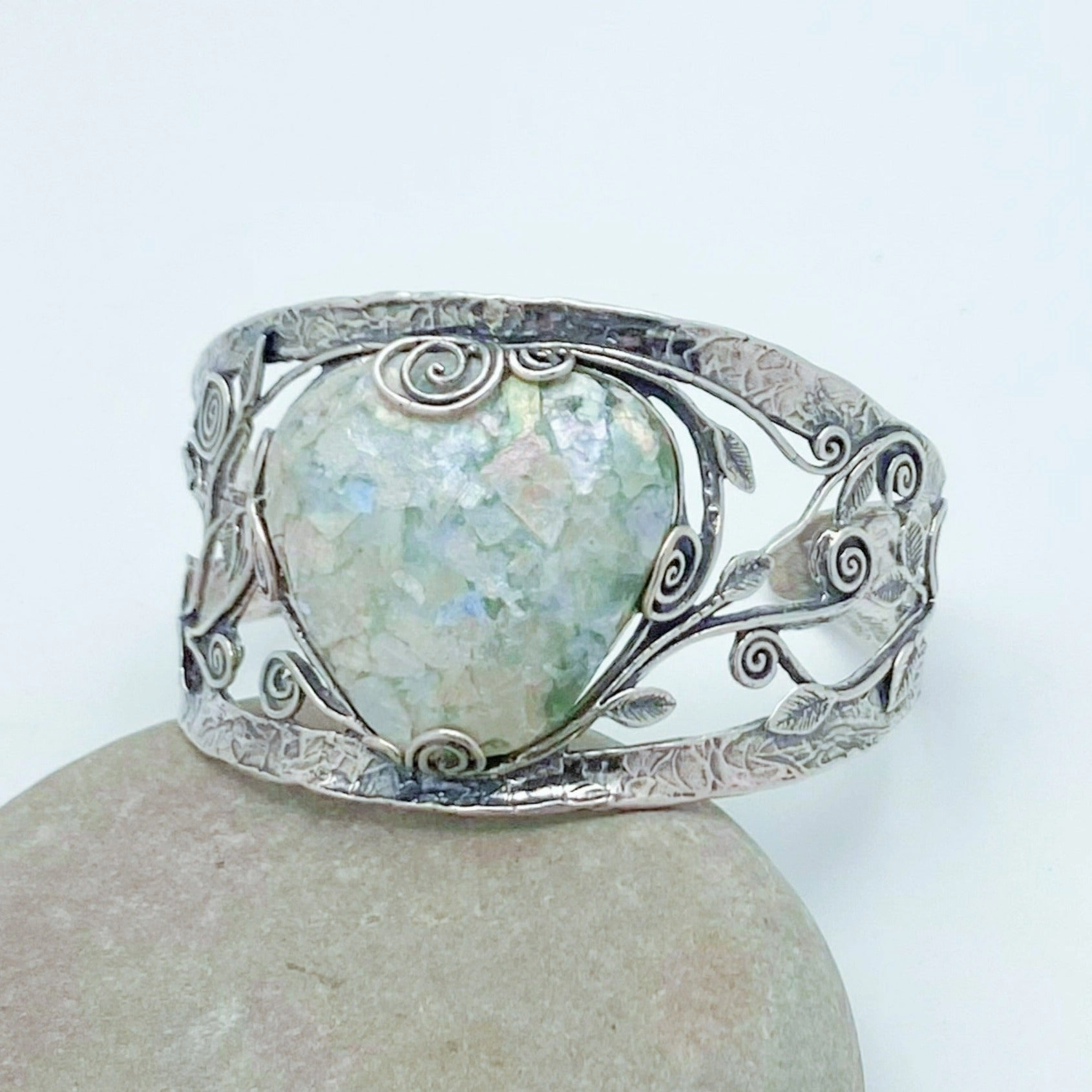 Amazing Roman Glass And Sterling Wide Cuff Enduring Shine