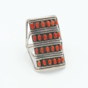 Navajo Handmade Sterling Silver Coral Ring (Hallmark Unknown) (Size 9) Glow Mode Delicate Piece