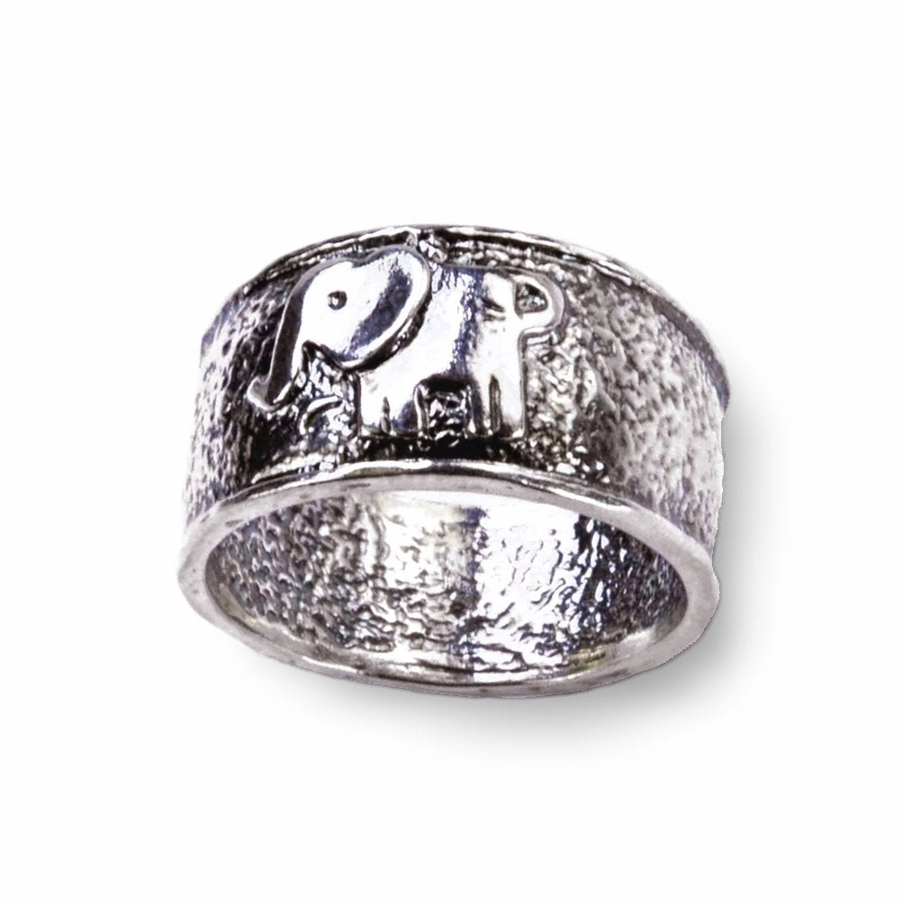 Luxury Token Bold Emblem Elephant Band Ring Antiqued Sterling Silver Handcrafted