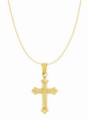 14k Yellow Gold Cross Pendant Necklace with Fleuree Design 25x12mm with Chain Luxe Touch