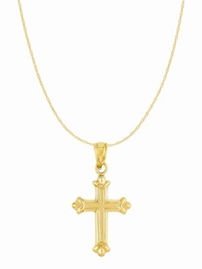 14k Yellow Gold Cross Pendant Necklace with Fleuree Design 25x12mm with Chain Luxe Touch
