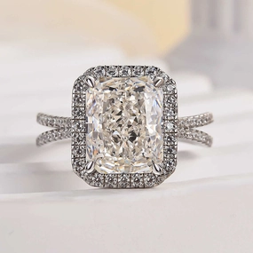 Louily Noble Split Shank Halo Radiant Cut Engagement Ring Gleaming Charm Camera Focus