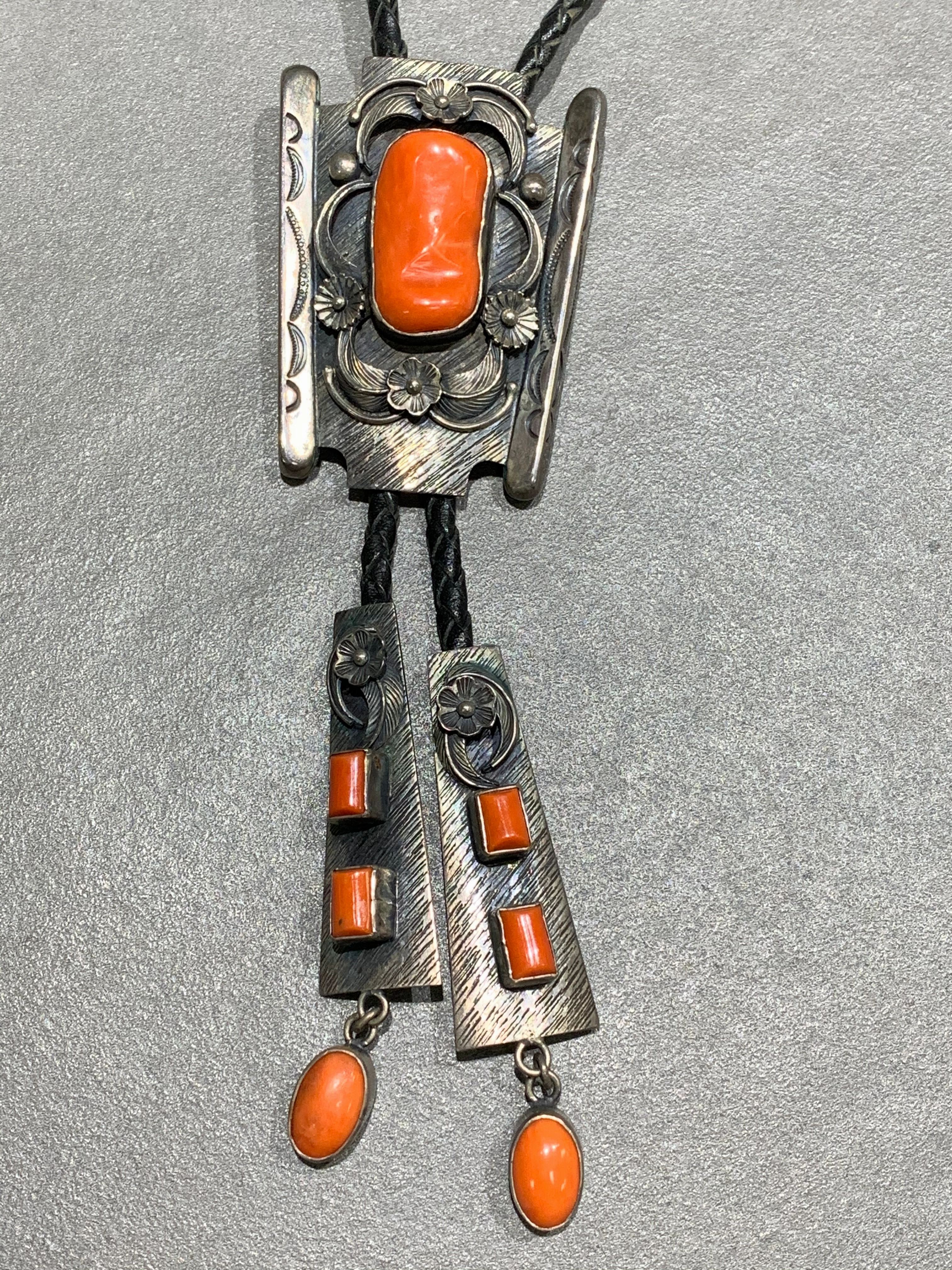 Gary G Johnson Navajo Natural Mediterranean Coral S terling Silver Bolo Graceful Glow