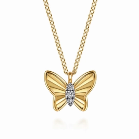 14K Yellow Gold Butterfly Necklace With Diamond Cut Finish And Graduating Diamonds Handmade Design Refined Elegance