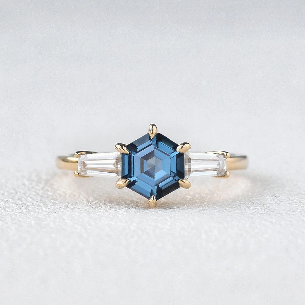 Blue Topaz Yellow Gold Geometric Ring Handcrafted Detail