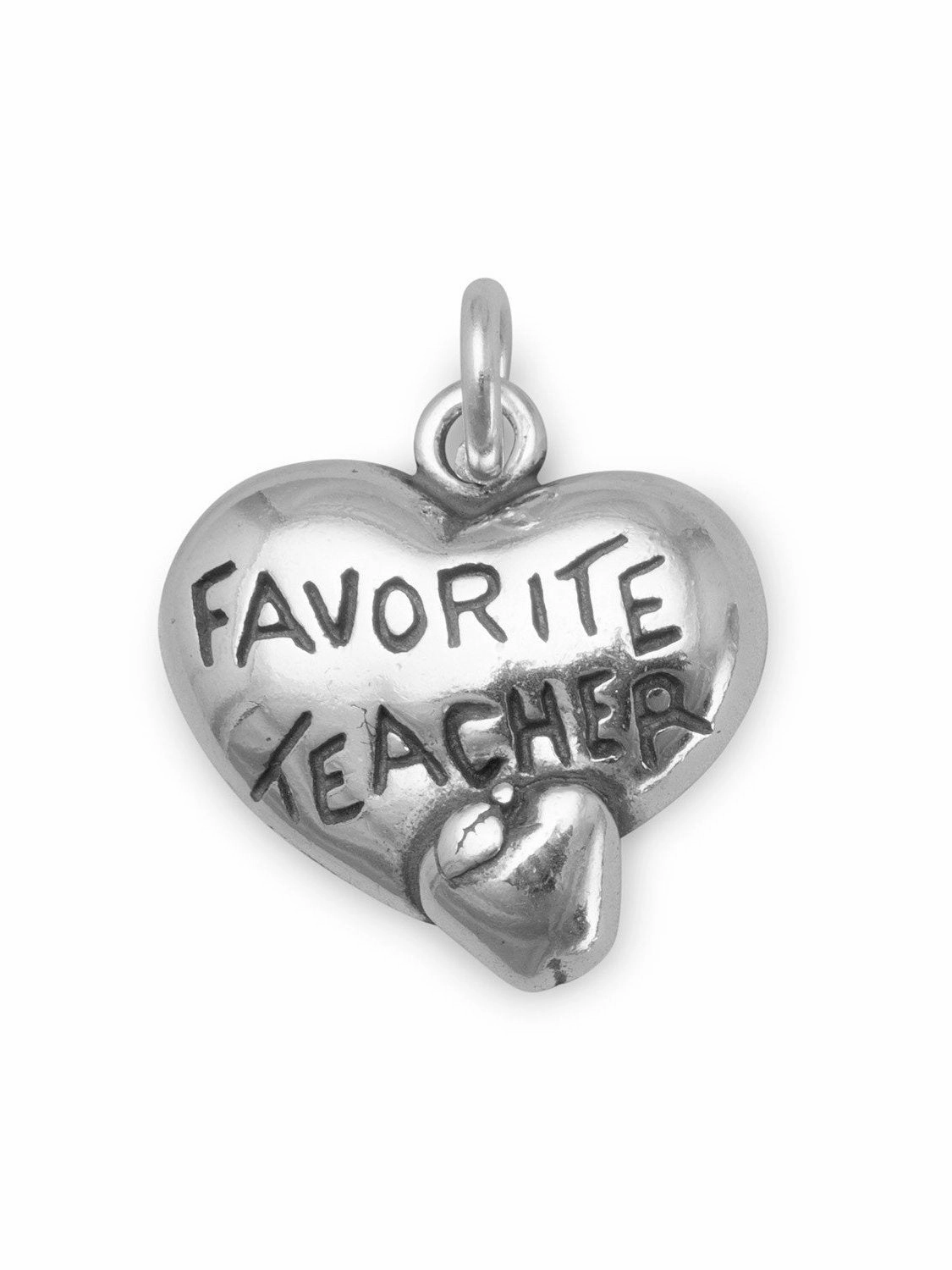 Favorite Teacher Heart Apple Sterling Silver Charm Soft feature Highlight Feature