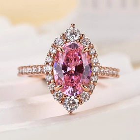 Unique Accessories Louily Pink Stone Rose Gold Halo Oval Cut Engagement Ring