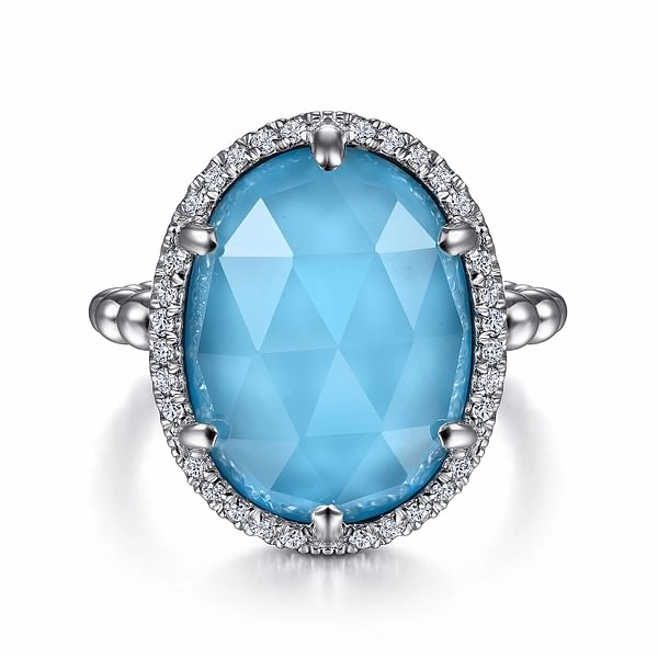 925 Sterling Silver Oval White Sapphire and Turquoise Halo Signet Ring Flat Frame Elite Finish