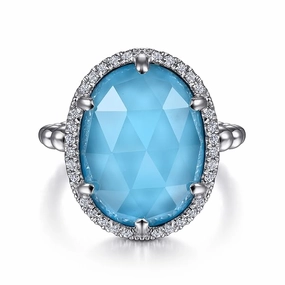 925 Sterling Silver Oval White Sapphire and Turquoise Halo Signet Ring Flat Frame Elite Finish