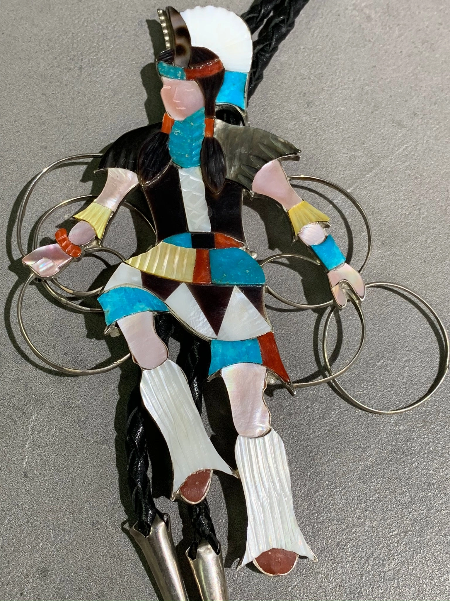 Golden Accent JONATHAN BEYUKA ZUNI INLAY HOOP DANCER STERLING SILVER BOLO